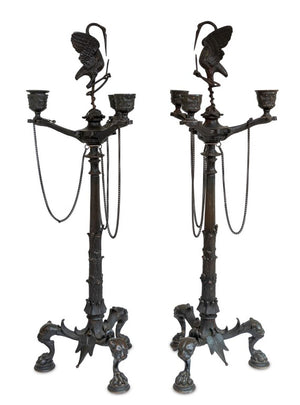 Patinated Bronze 3-Branch Candelabra, Pair (9766917407027)