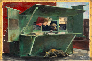 Ted Jaslow "Newstand" Oil on Board, 1962 (9825443053875)