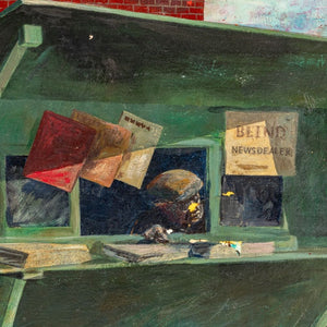 Ted Jaslow "Newstand" Oil on Board, 1962 (9825443053875)