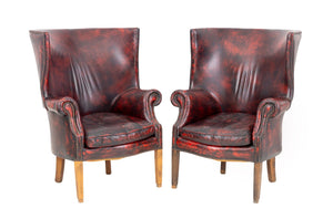 Red Vinyl Upholstered Wing Armchairs, Pair