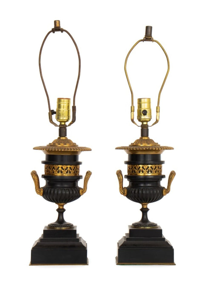 French Empire Style Gilt Metal Ebonized Lamps, Pr