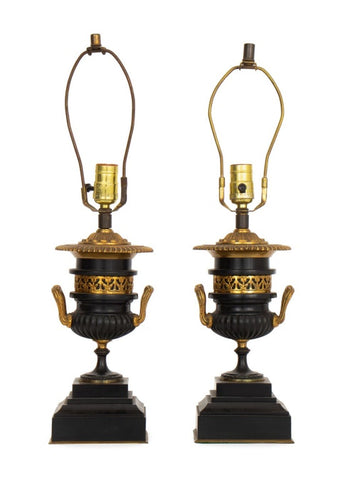 French Empire Style Gilt Metal Ebonized Lamps, Pr
