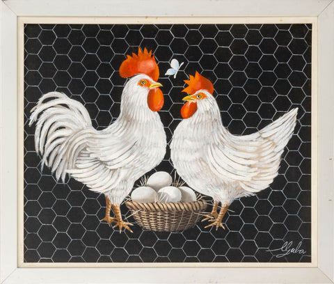 20th Century Chickens and Eggs Oil on Canvas