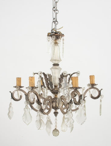 Italian Silvered Bronze Crystal 6-Light Chandelier