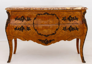 Louis XV Style Walnut Marquetry Bombe Commode