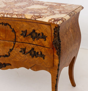 Louis XV Style Walnut Marquetry Bombe Commode