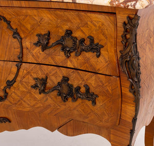 Louis XV Style Walnut Marquetry Bombe Commode