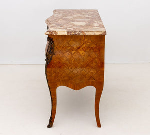 Louis XV Style Walnut Marquetry Bombe Commode