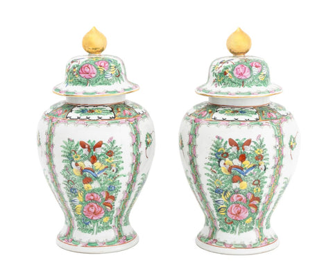 Pair of Vintage Asian Floral Painted Porcelain Covered Urns