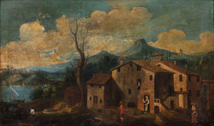 German School Village Landscape Oil, 19th C.