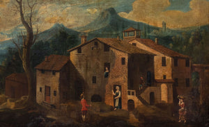 German School Village Landscape Oil, 19th C.