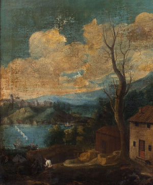 German School Village Landscape Oil, 19th C.