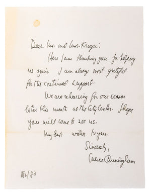 Signed Merce Cunningham Handwritten Letter, 1980