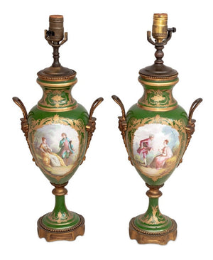 Sevres Green Ground Vases Mounted as Lamps, Pair (9778338005299)