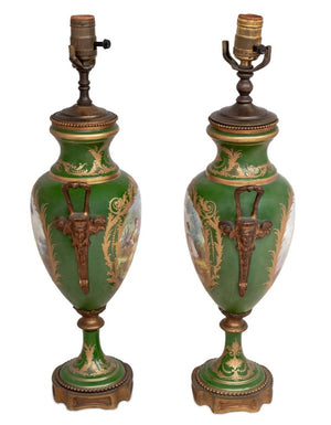 Sevres Green Ground Vases Mounted as Lamps, Pair (9778338005299)