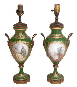Sevres Green Ground Vases Mounted as Lamps, Pair (9778338005299)