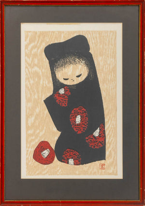 Kaoru Kawano "Girl and Red Camellia" Woodcut