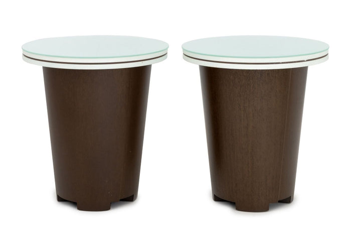 Modern Patinated Metal & Wood Glass Top Tables, 2