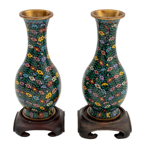 Chinese Cloisonne Floral Design Vases, Pair