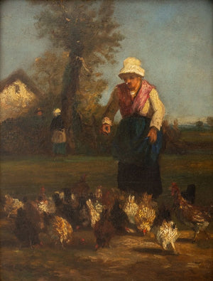 Dutch School Feeding the Chickens Oil on Board (9804747505971)