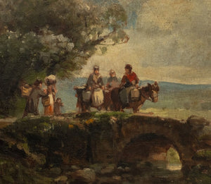 Italian School Crossing Bridge Oil, 19th C. (9767013646643)