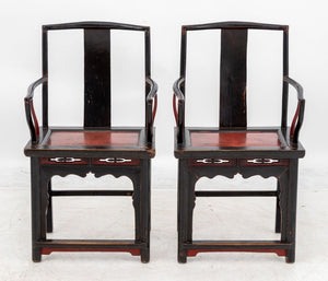 Chinese Black Lacquered Armchairs, Pair (9894658900275)