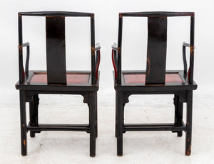 Chinese Black Lacquered Armchairs, Pair (9894658900275)