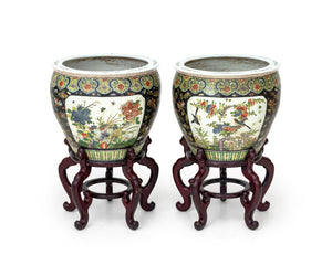 Chinese Famille Noir Porcelain Fish Bowls, Pair