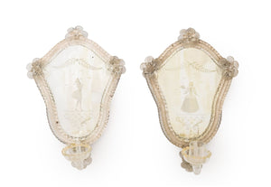 Venetian Etched Mirrored Glass Appliques, Pair