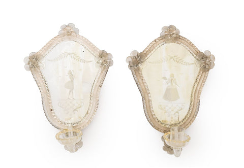 Venetian Etched Mirrored Glass Appliques, Pair