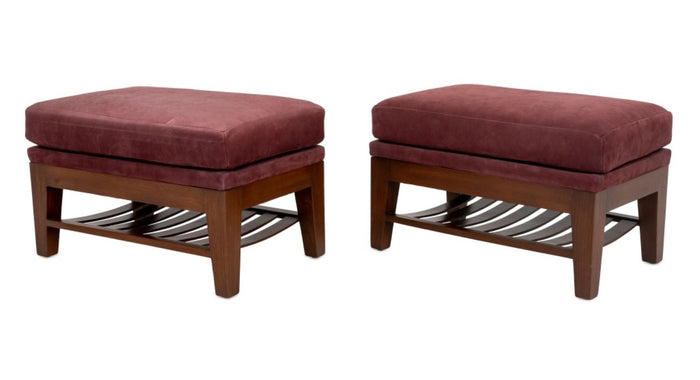 Burgundy Suede Covered Ottomans, Pair