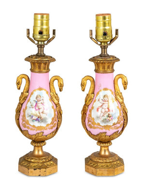 Sevres Pink Ground Porcelain Lamps, Pair (9804773097779)