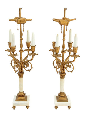 French Gilt Brass and White Marble Lamps, Pair (9804777324851)