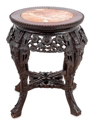 Chinese Carved Hardwood and Marble Pedestal Table