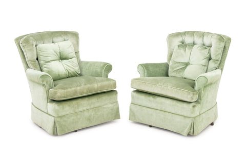 Green Velvet Button-Tufted Swivel Armchairs, Pair