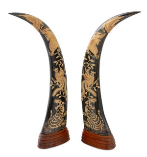 Thai Carved Buffalo Horn Sculptures, Pair (9756134179123)