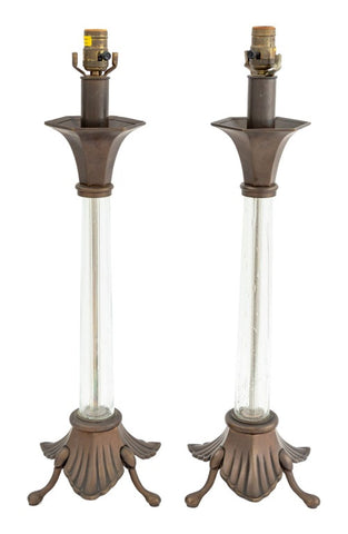 Chapman Art Deco Style Brass & Glass Lamps, Pair