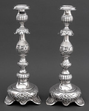 Russian Judaica Sterling Silver Candlesticks, Pair