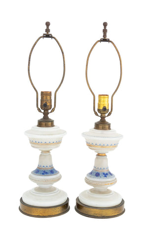 Art Nouveau Glass Electrified Oil Lamps, Pair