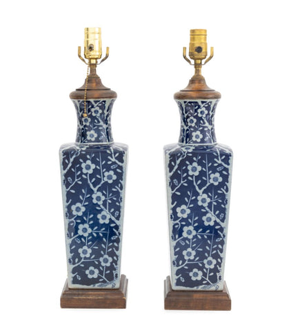 Chinese Blue & White Vases Mounted as Lamps, Pair