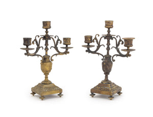French Brass Three-Branch Candelabra, Pair