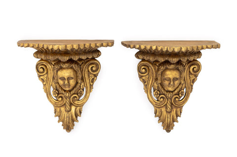 Baroque Style Gilt Masque Wall Appliques, Pair