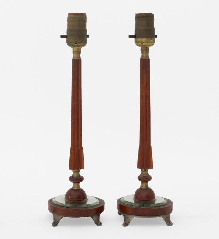 Art Deco Amber Bakelite & Glass Table Lamps, Pair