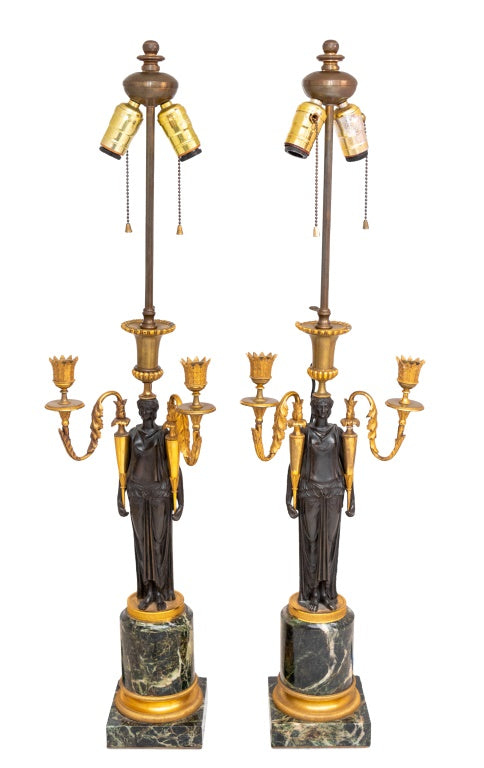 Pair of Restauration Bronze Figural Candelabra Lamps