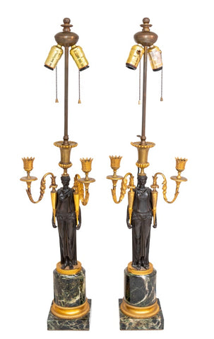 Pair of Restauration Bronze Figural Candelabra Lamps