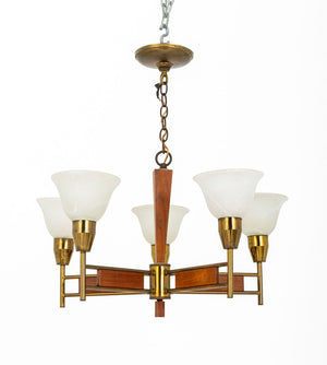 Mid-Century Modern Walnut Brass 5-Arm Chandelier