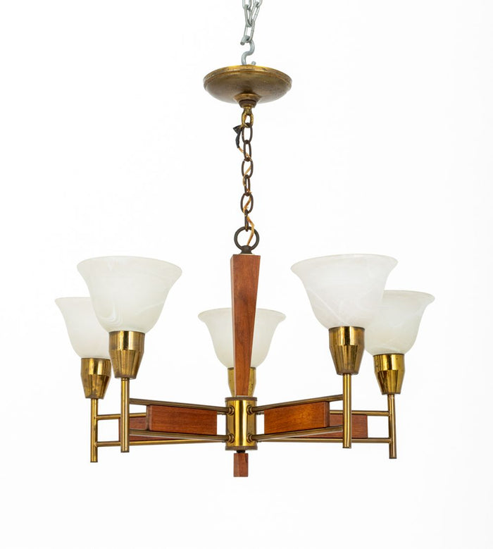 Mid-Century Modern Walnut Brass 5-Arm Chandelier