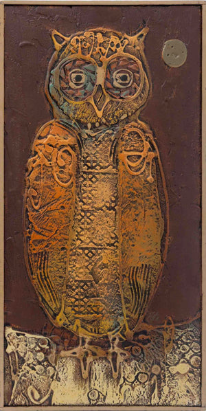 Signed Owl and Full Moon Mixed Media on Panel