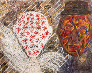 Angel and Masked Figure Oil on Canvas, 20th Century