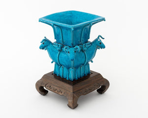 Chinese Peacock Blue Ram's Head Motif Vase (9891625402675)